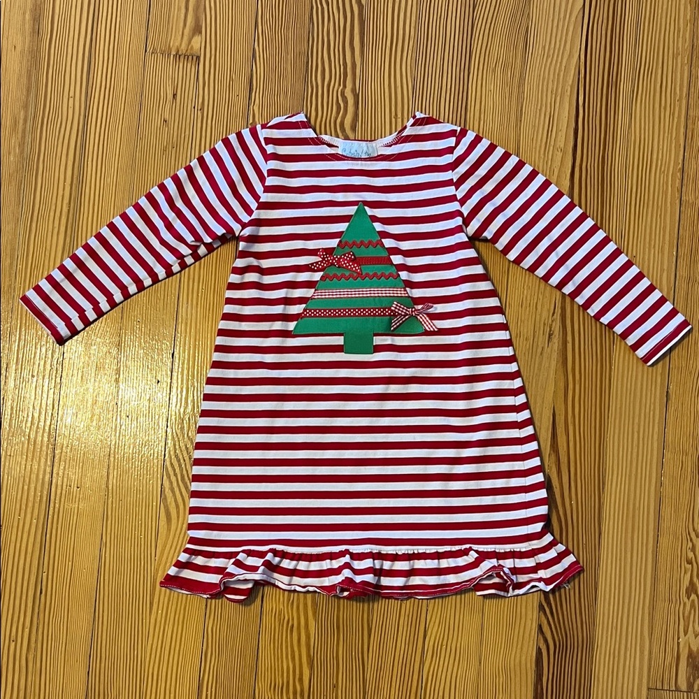 Festive Red and White Striped Dress With Christmas Tree